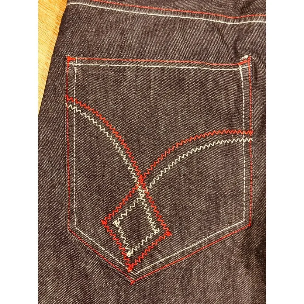 Q by Qruel Y2K Dark Wash Designer Jeans Red White Contrast Stitch  36x33